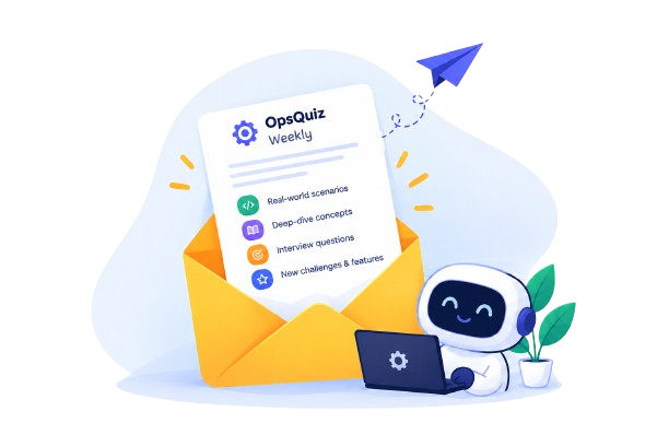 The OpsQuiz Weekly newsletter, a page sliding out of an envelope