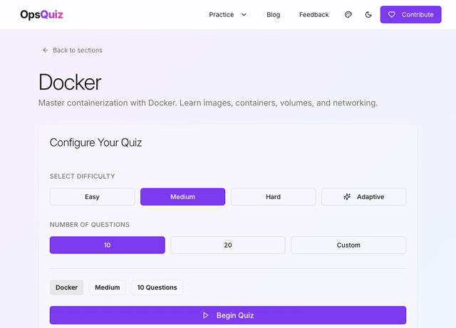 OpsQuiz Docker quiz in action, showing a question with an instant correct/incorrect reveal